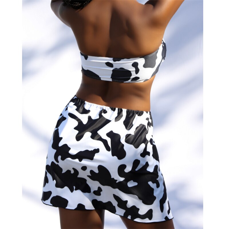 GNIM Three Pieces Bandeau Bikini Swimwear Women Push Up 2021 Sexy Beachwear Cover Up Women s 1 - The Cow Print