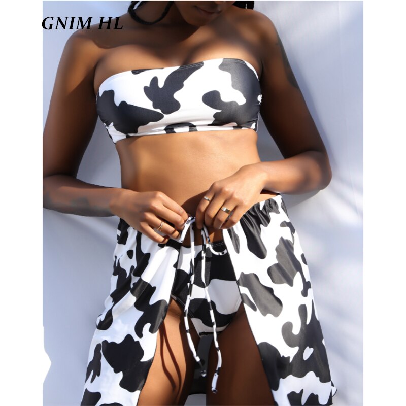 GNIM Three Pieces Bandeau Bikini Swimwear Women Push Up 2021 Sexy Beachwear Cover Up Women s - The Cow Print