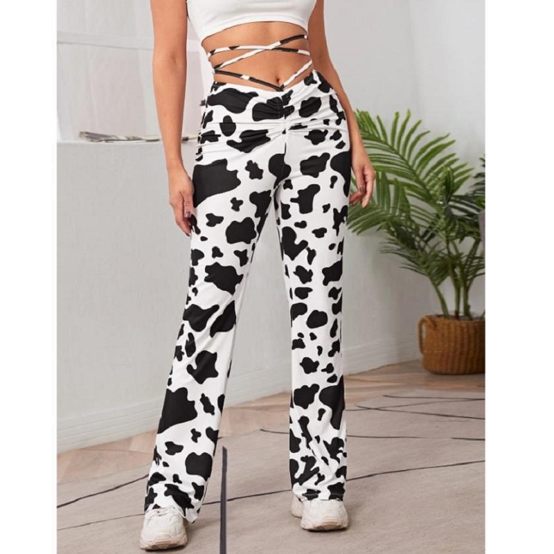 Harajuku Cow Print Wide Leg Trousers For Female Streetwear Print High Waist Bandage Flare Pants Loose - The Cow Print
