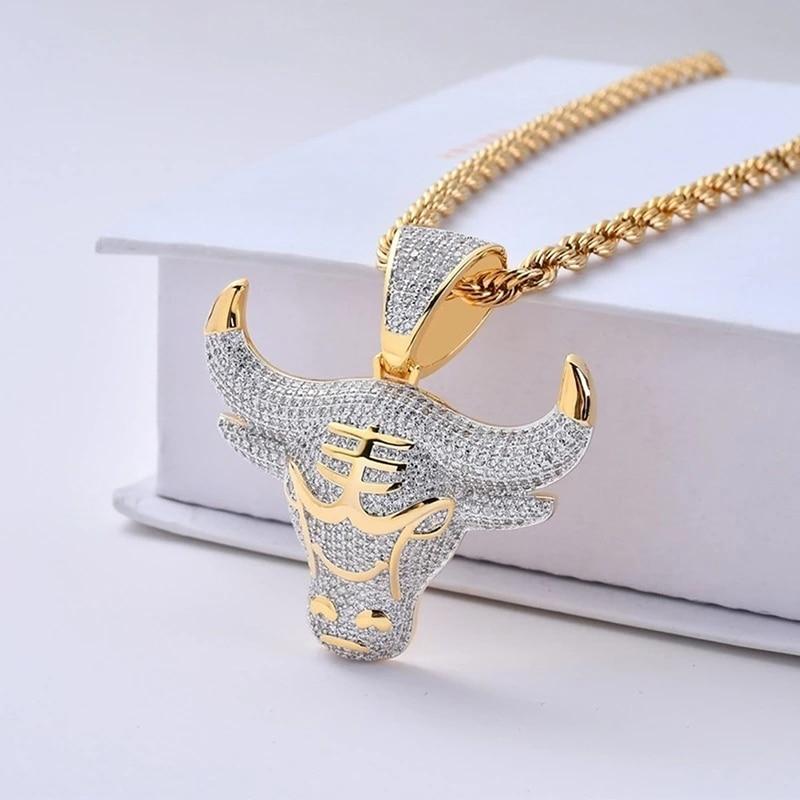 Men Hip Hop Full Rhinestone Bull Head Pendant Necklace Sparkling Ice Out Stainless Steel Necklace CL1211 as pic Official COW PRINT Merch