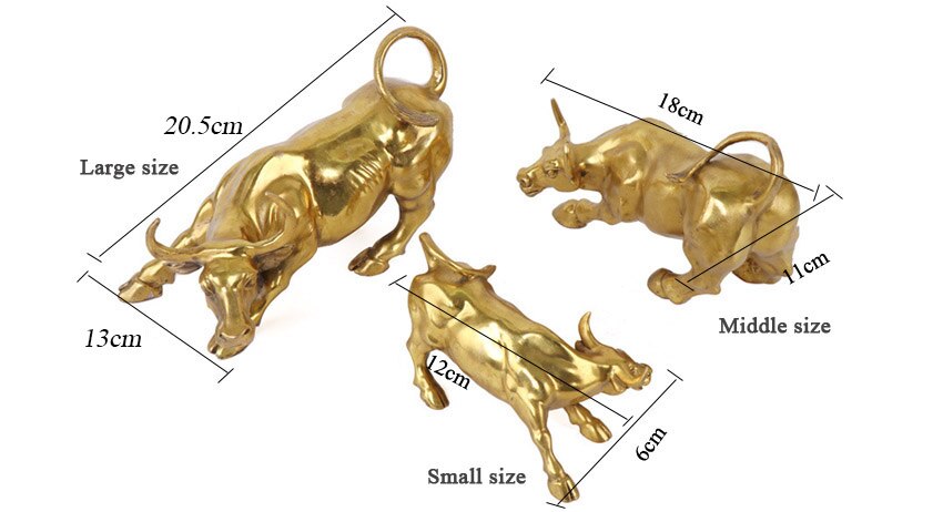 images of miniature charging bull shown in three sizes and dimensions
