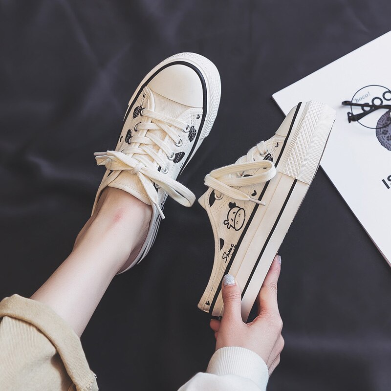Hot Summer Women Canvas Shoes 4 0cm High White Black Half Back Sneakers Cute Cow Gumshoes 2 - The Cow Print