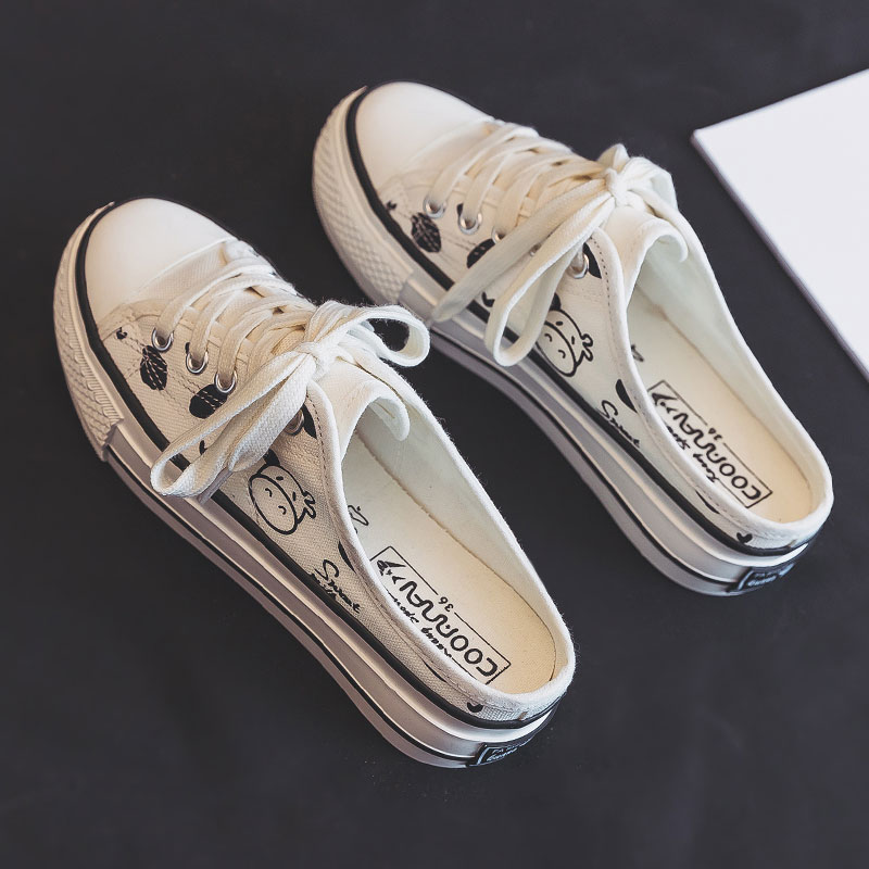 Hot Summer Women Canvas Shoes 4 0cm High White Black Half Back Sneakers Cute Cow Gumshoes - The Cow Print