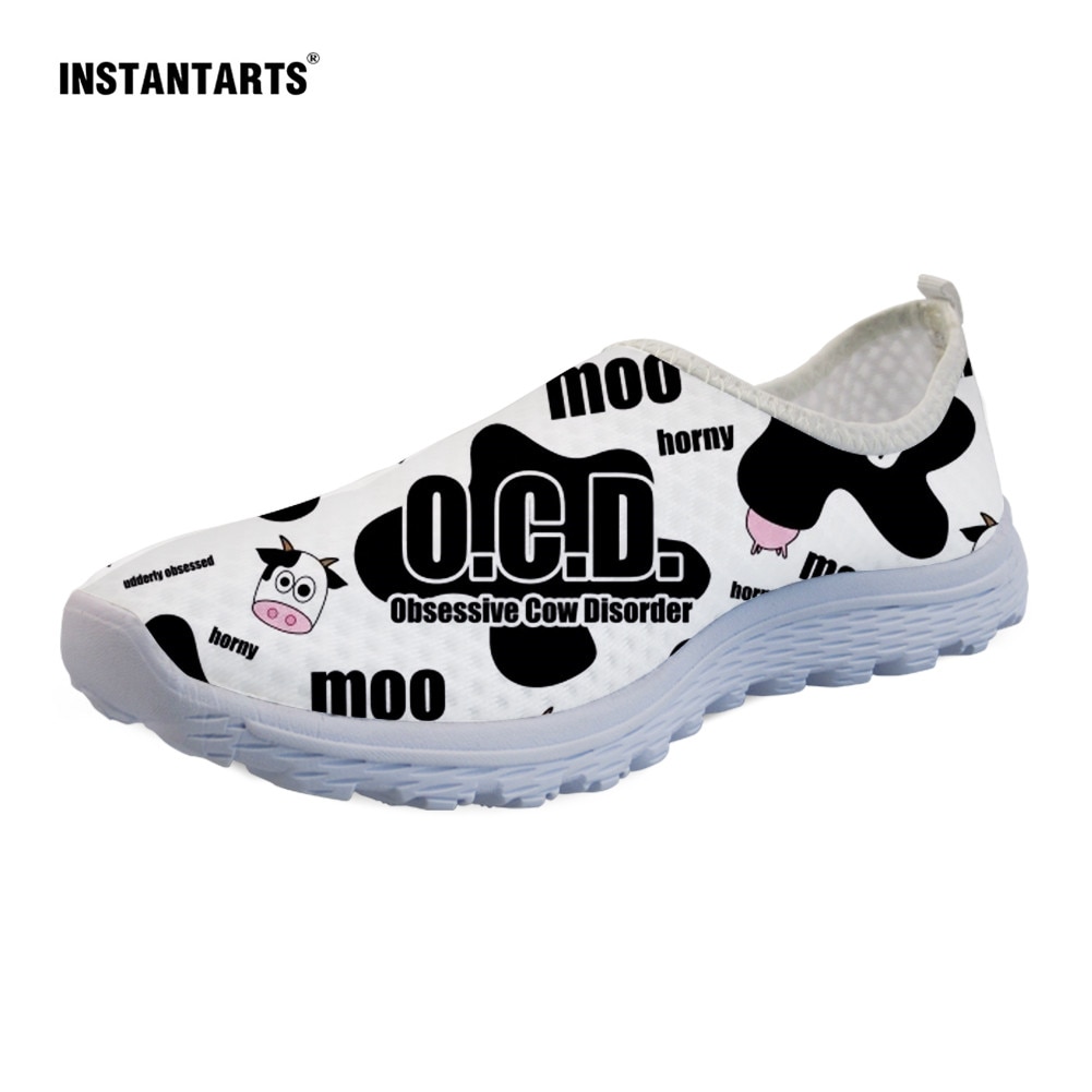 INSTANTARTS Cartoon Cow Skin Print Slip On Flats Shoes for Kids Casual Mesh Women Comfort Sneakers - The Cow Print
