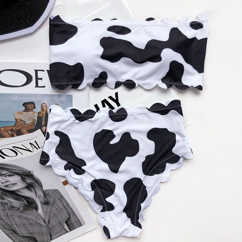 In X Cow print swimwear female High waist 2 piece suit Bandeau bikini 2021 Scalloped swimsuit 2 - The Cow Print
