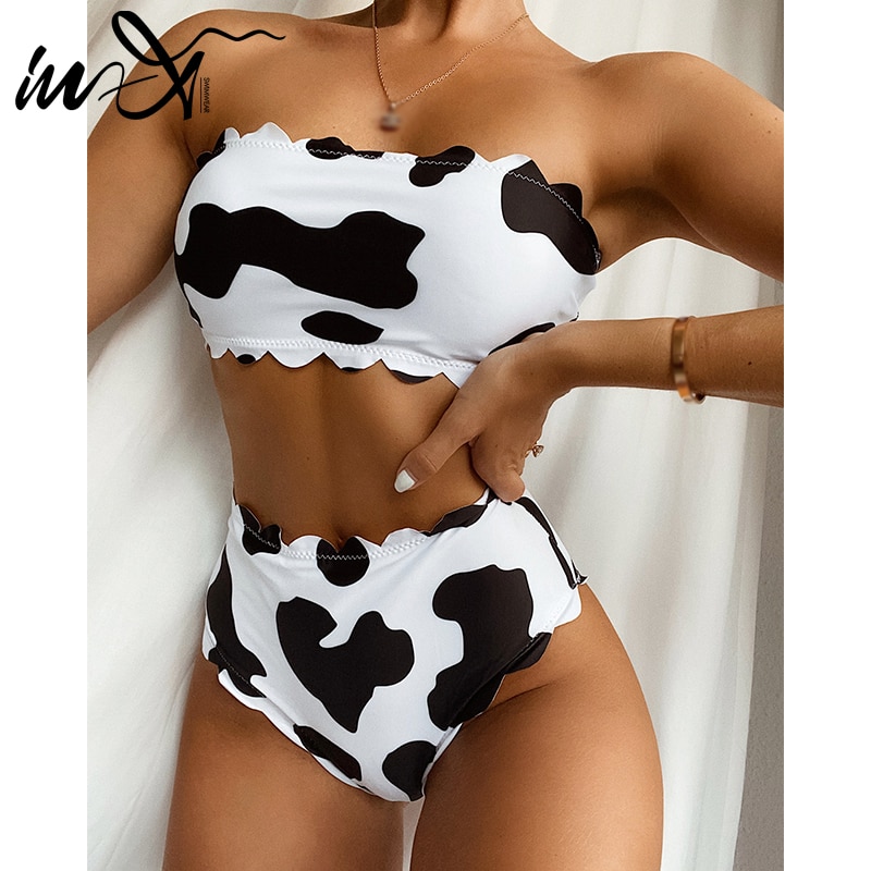 In X Cow print swimwear female High waist 2 piece suit Bandeau bikini 2021 Scalloped swimsuit - The Cow Print