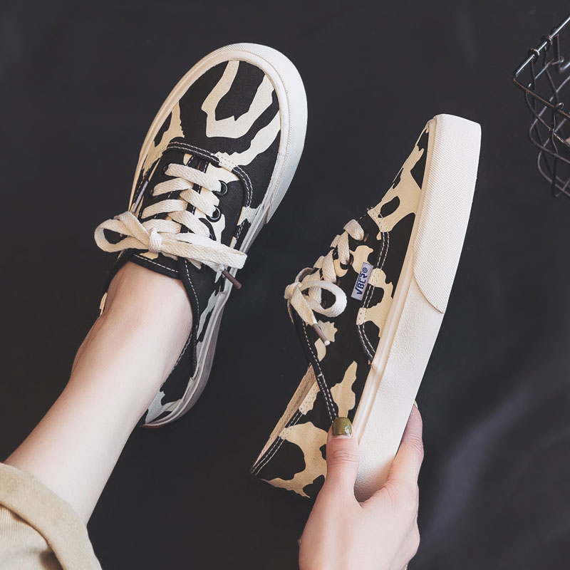 New Low Top Canvas Shoes For Women 2021 Summer Spring Girl Sneakers Cow Print Short Lace - The Cow Print