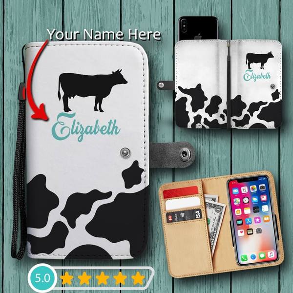 three different image views of a Personalized Cow Print Phone Case Wallet with Blue name text