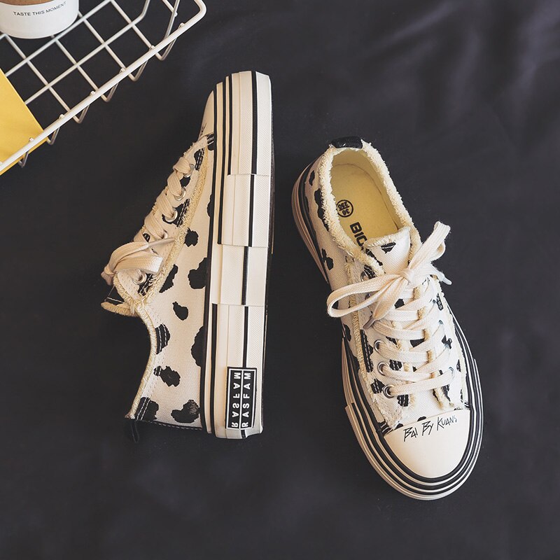 Spring Hot New Thick Soled Cow Canvas Shoes Women s Muffin Board Shoes Lace Up No 2 - The Cow Print