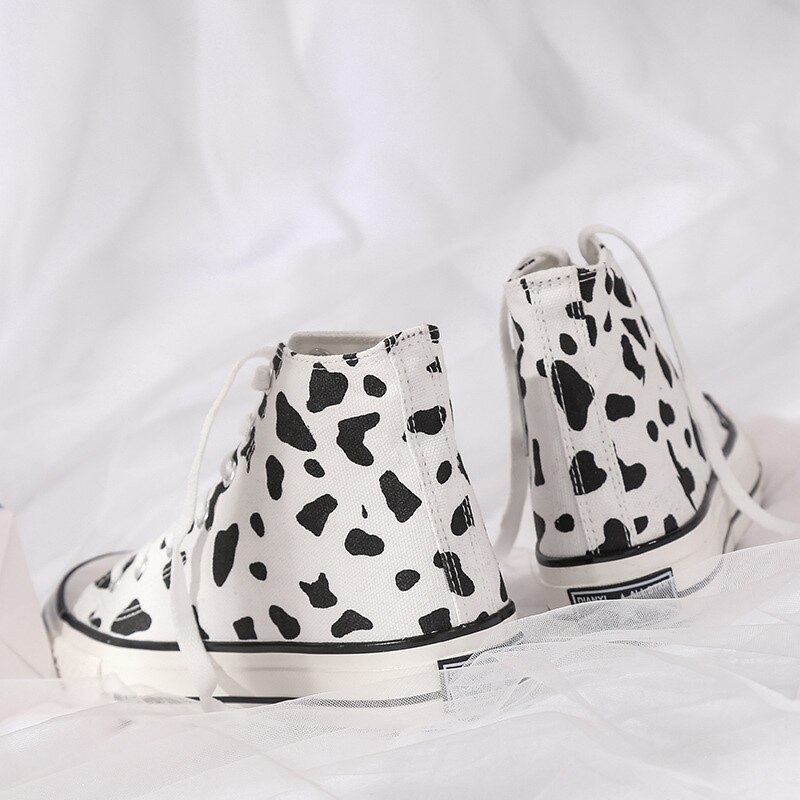 Woman Canvas Sneakers Women s Classic Flats Female Lace Up Cow Spot Shoes Women High top 1 - The Cow Print