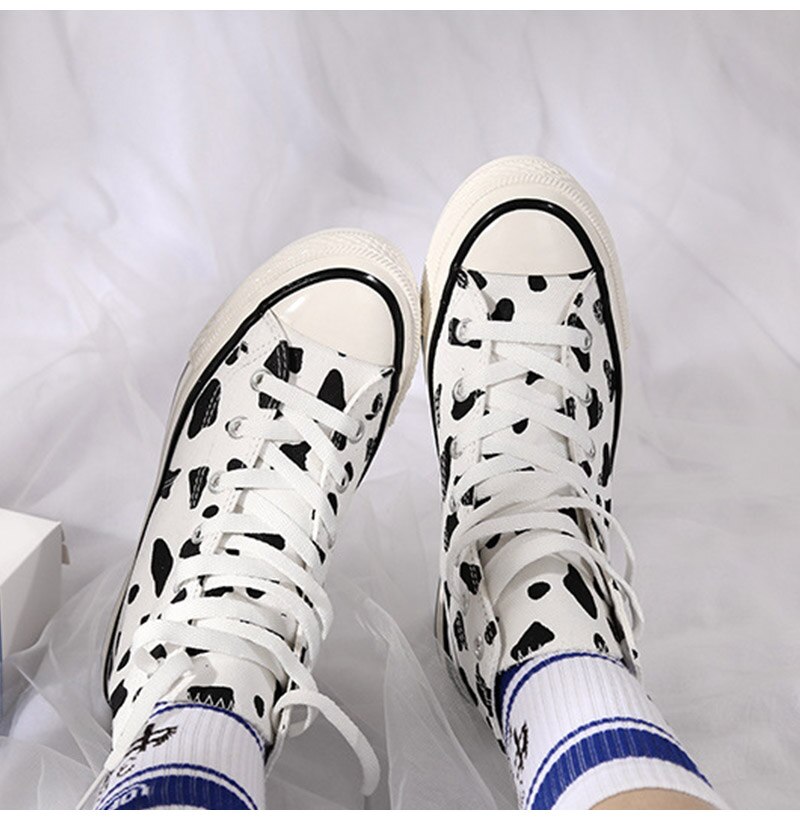 Woman Canvas Sneakers Women s Classic Flats Female Lace Up Cow Spot Shoes Women High top 3 - The Cow Print
