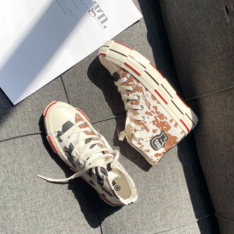 Woman Fashion Shoes Canvas Vulcanized Gumshoes Irregular Cow Print High Lacing Sneakers Chic Stylish Casual Shoes 1 - The Cow Print