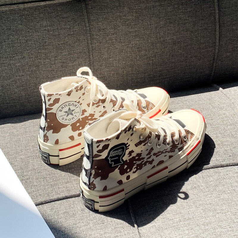 Woman Fashion Shoes Canvas Vulcanized Gumshoes Irregular Cow Print High Lacing Sneakers Chic Stylish Casual Shoes 3 - The Cow Print
