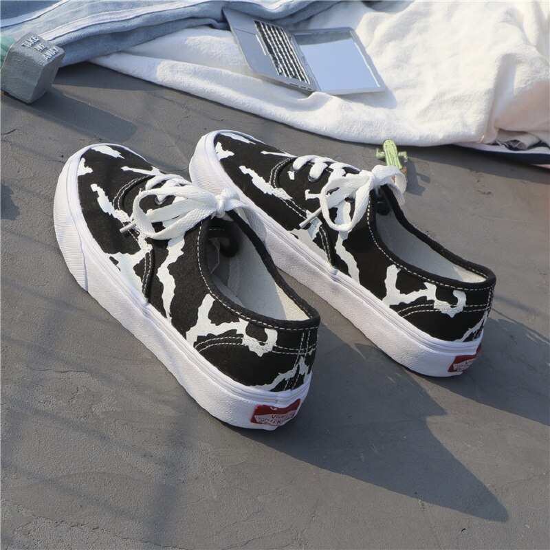 Women Canvas Sneakers Cow Print Patchwork White Shoes Brand Lovely Girls Thick Heel Sneakers Designer Low 1 - The Cow Print
