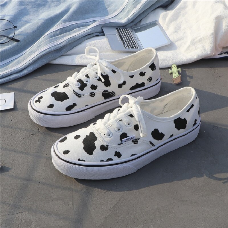 Women Canvas Sneakers Cow Print Patchwork White Shoes Brand Lovely Girls Thick Heel Sneakers Designer Low 2 - The Cow Print