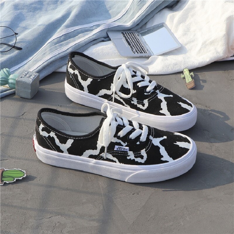Women Canvas Sneakers Cow Print Patchwork White Shoes Brand Lovely Girls Thick Heel Sneakers Designer Low 4 - The Cow Print