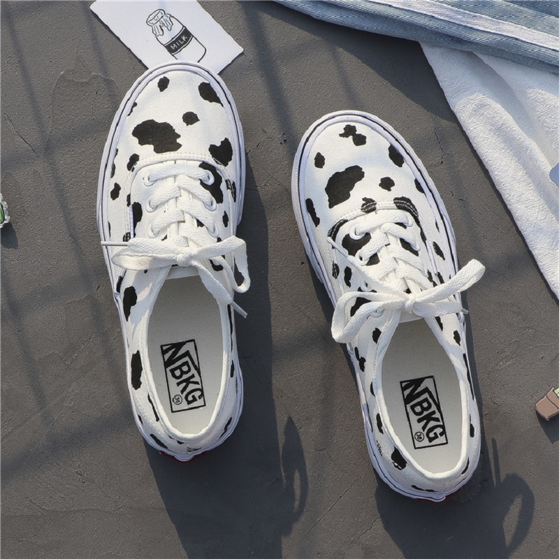 Women Canvas Sneakers Cow Print Patchwork White Shoes Brand Lovely Girls Thick Heel Sneakers Designer Low - The Cow Print