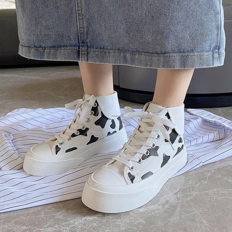 Women Platform Sports Boots Winter New Fashion Cow Print Canvas Shoes Female High Top Warm Casual 2 - The Cow Print