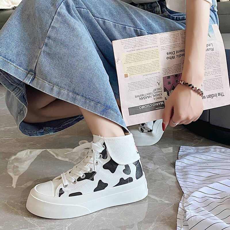 Women Platform Sports Boots Winter New Fashion Cow Print Canvas Shoes Female High Top Warm Casual 3 - The Cow Print
