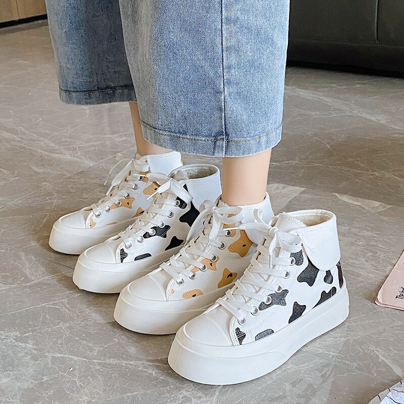 Women Platform Sports Boots Winter New Fashion Cow Print Canvas Shoes Female High Top Warm Casual 5 - The Cow Print
