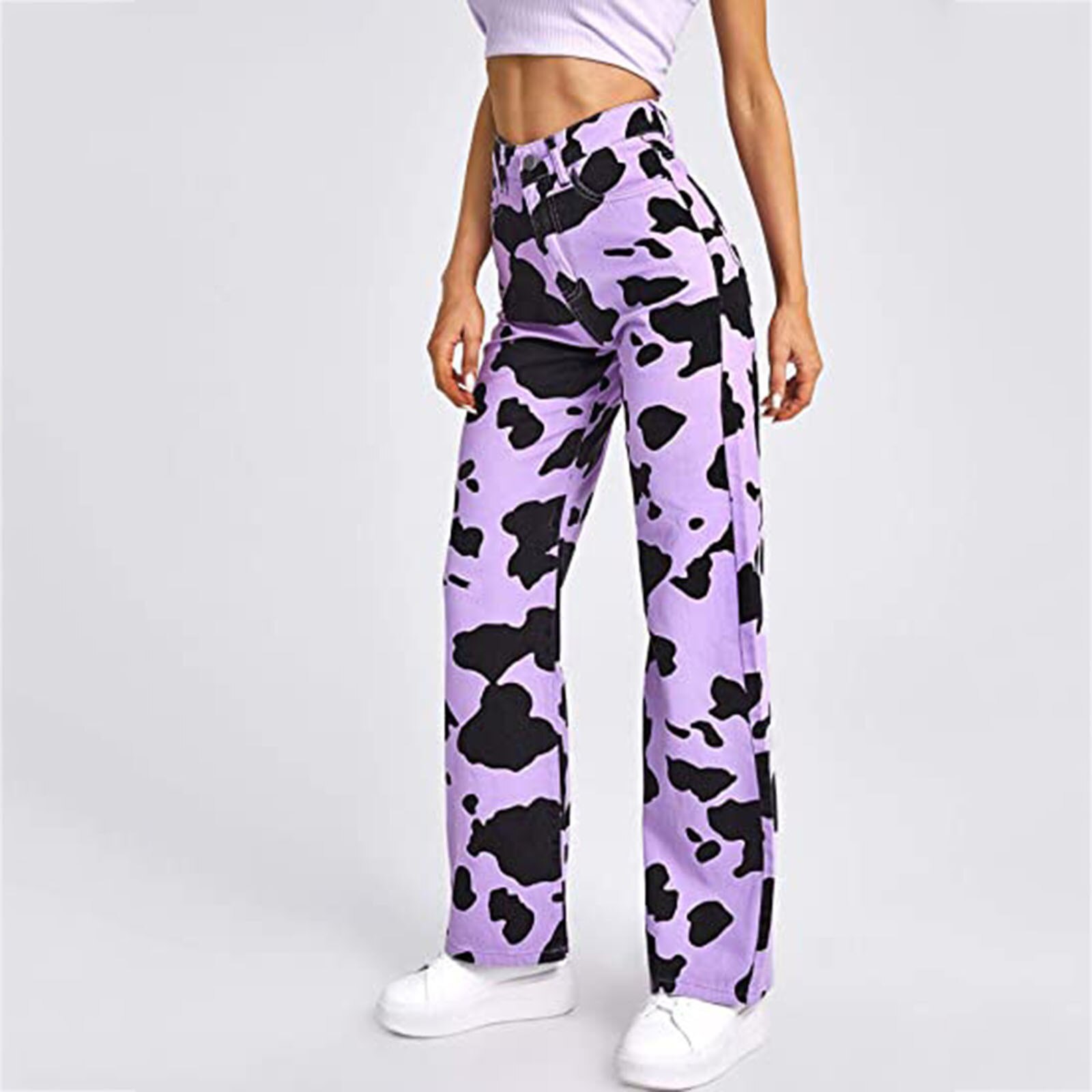 Women Purple Cow Print Jeans Pants High Waist Loose Pocket Wide Leg Pants Fashion Denim Trouser 1 - The Cow Print