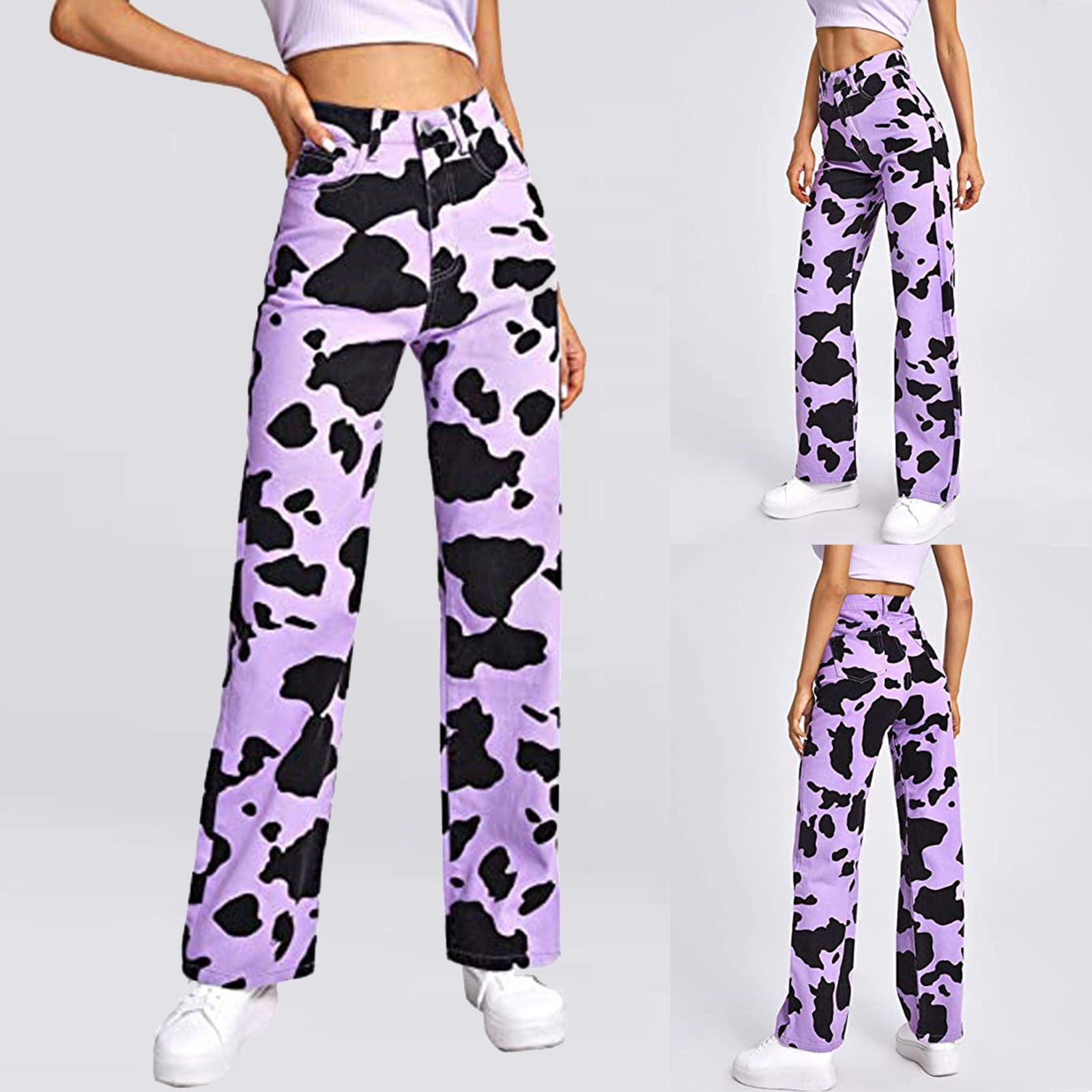 Women Purple Cow Print Jeans Pants High Waist Loose Pocket Wide Leg Pants Fashion Denim Trouser - The Cow Print