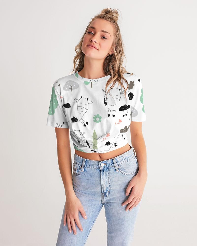 Cute Cow Women's Twist-Front Cropped Tee CL1211 white base color / XS Official COW PRINT Merch