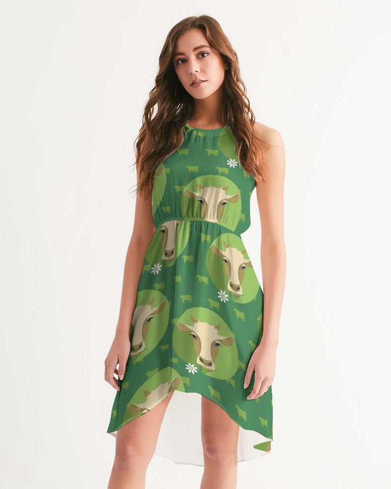 Green Cow Women's High-Low Halter Dress CL1211 white base color / XS Official COW PRINT Merch