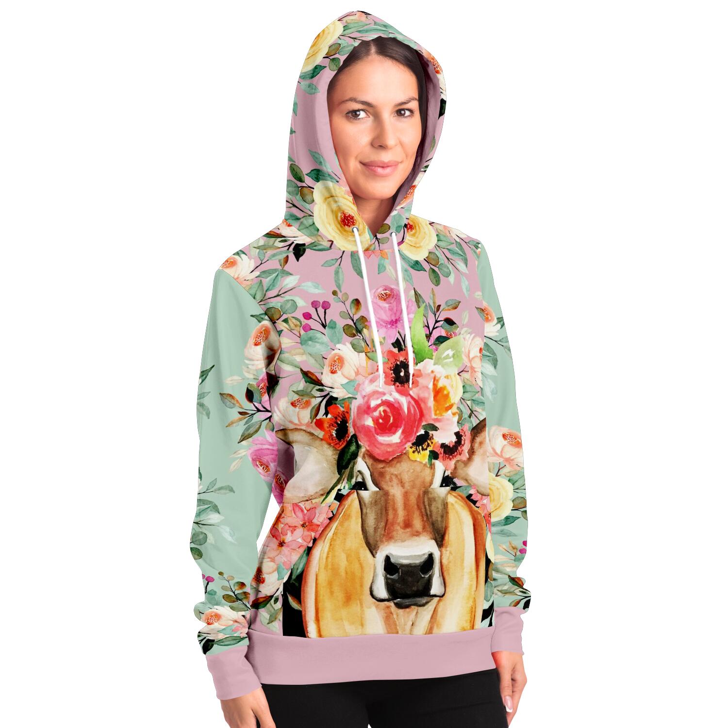 fashion hoodie aop pink floral cow hoodie 12 - The Cow Print