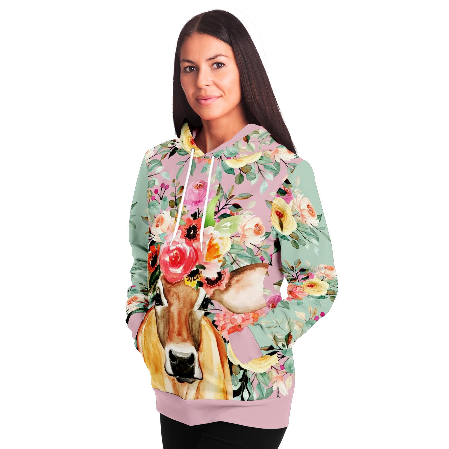 fashion hoodie aop pink floral cow hoodie 9 - The Cow Print