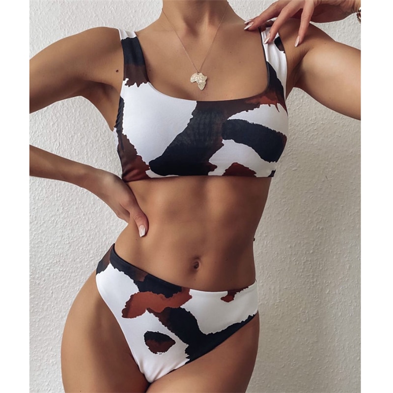 GNIM High Waist Cow Print Bikini Mujer 2020 Sexy Swimwear Women With Belt Summer Beachwear Bathing Suit Women Two Piece Swimsuit