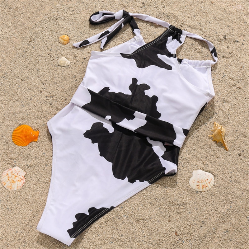 GNIM Sexy Swimwear Women One-Piece Cow Print Bandage Swimsuit Female Vintage Monokini Swim Bathing Suit Biquini Set New