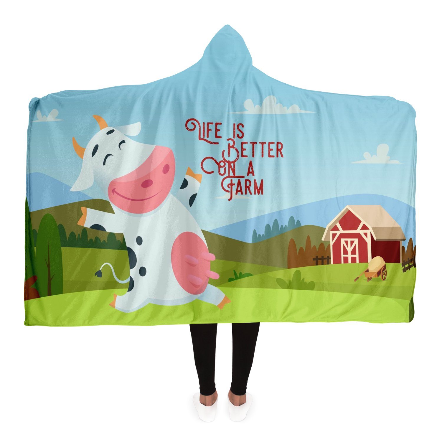 Life Is Better On A Farm Hooded Blanket CL1211 Adult / Premium Sherpa Official COW PRINT Merch