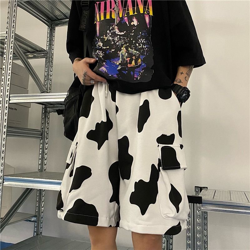 HOUZHOU Harajuku Korean Fashion Streetwear Cow Print Shorts Joggers Women Sports Summer Wide Leg Pocket Casual Loose Sweatpants