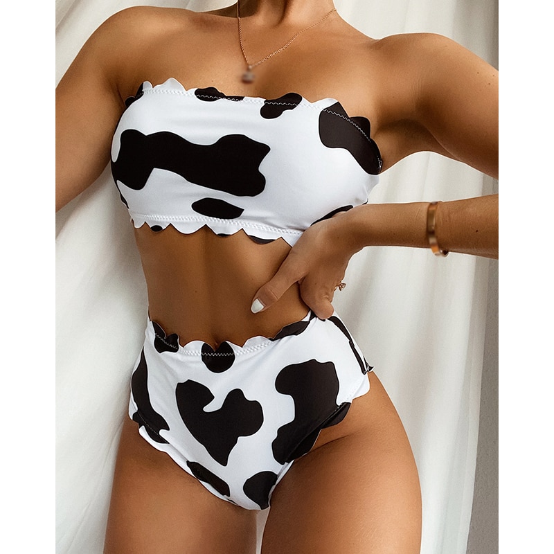 In-X Cow print swimwear female High waist 2 piece suit Bandeau bikini 2021 Scalloped swimsuit women Sports bathing suit biquini