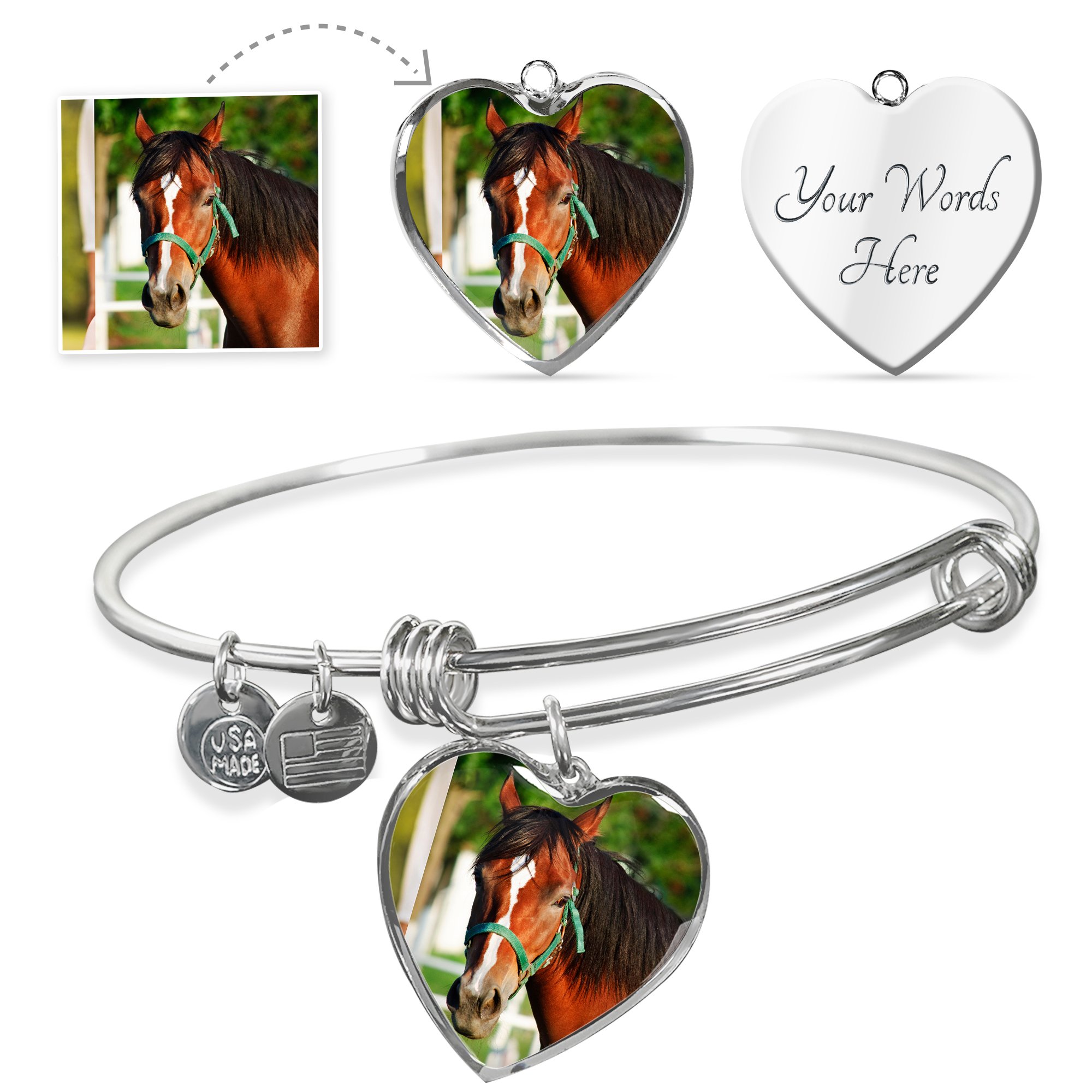 Personalized Horse Pendant Bangle CL1211 Heart Pendant Silver Bangle / No Official COW PRINT Merch