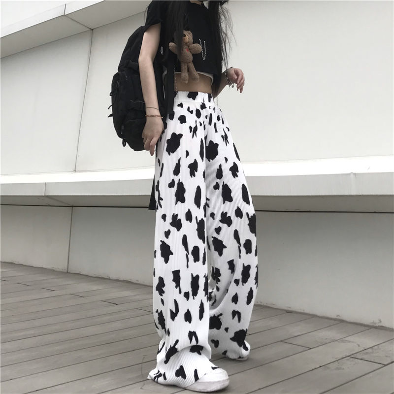 MINGLIUSILI Cow Print Wide Leg Pant 2021 Korean Fashion Trousers Women High Waist Streetwear Loose Casual Sag Pants Women