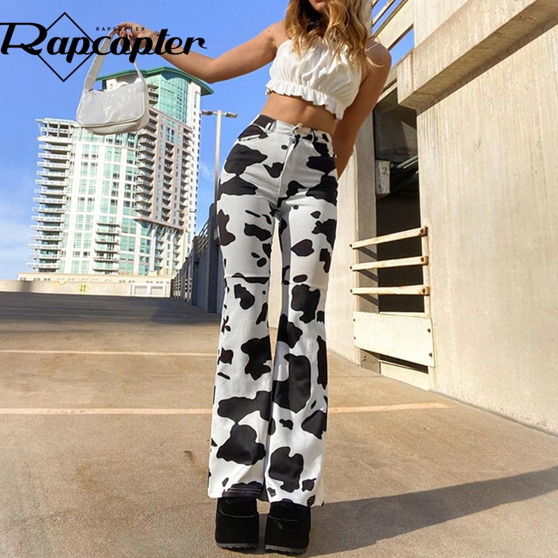 Rapcopter Cow Print Jeans Baggy Straight Cargo Trouser y2k Fashion Denim Pants Retro Joggers Women 2021 Mom Jeans Streetwear 90s
