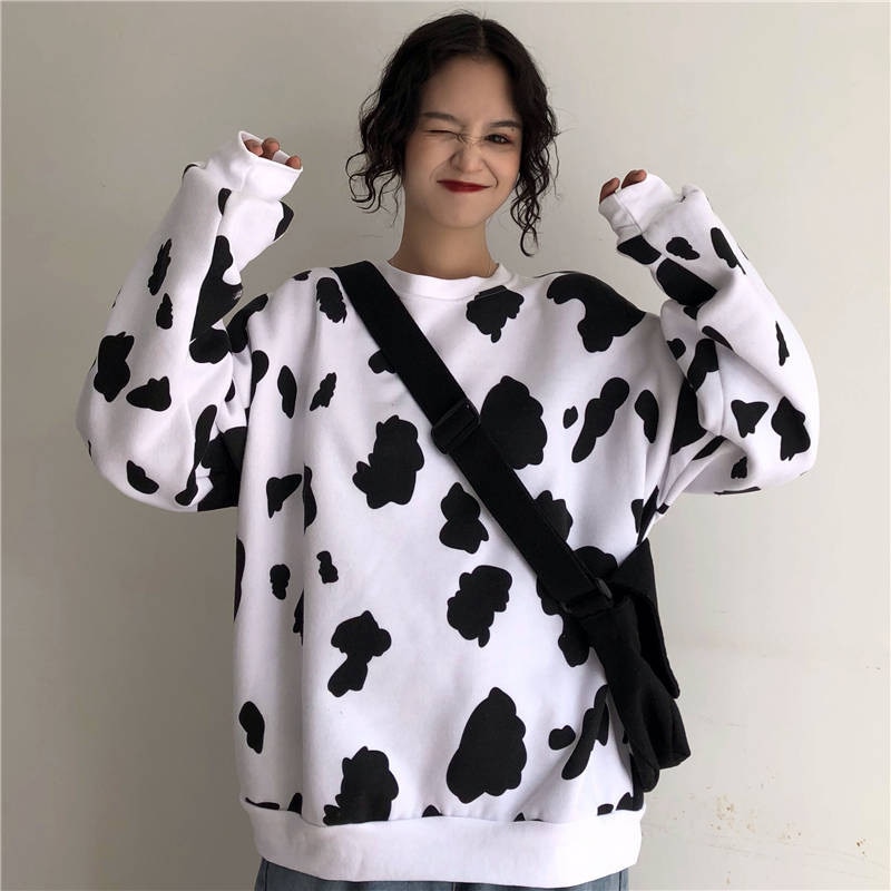 Cute Autumn Cow Milk Printed Girls Pullover Women sweatshirt Female Fashion Loose hoodie sweatshirts O neck 1 - The Cow Print