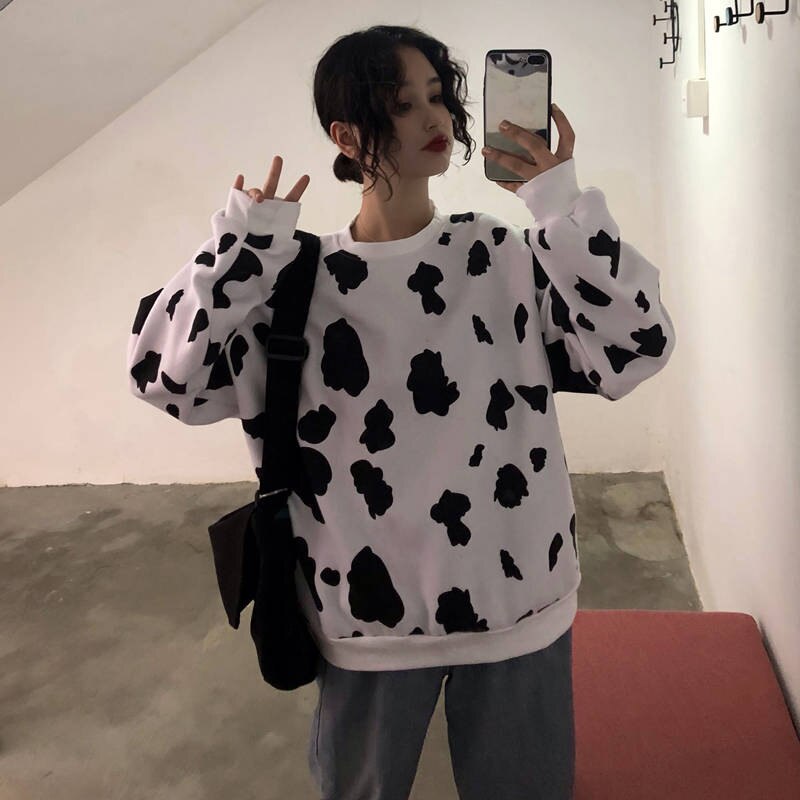 Cute Autumn Cow Milk Printed Girls Pullover Women sweatshirt Female Fashion Loose hoodie sweatshirts O neck - The Cow Print