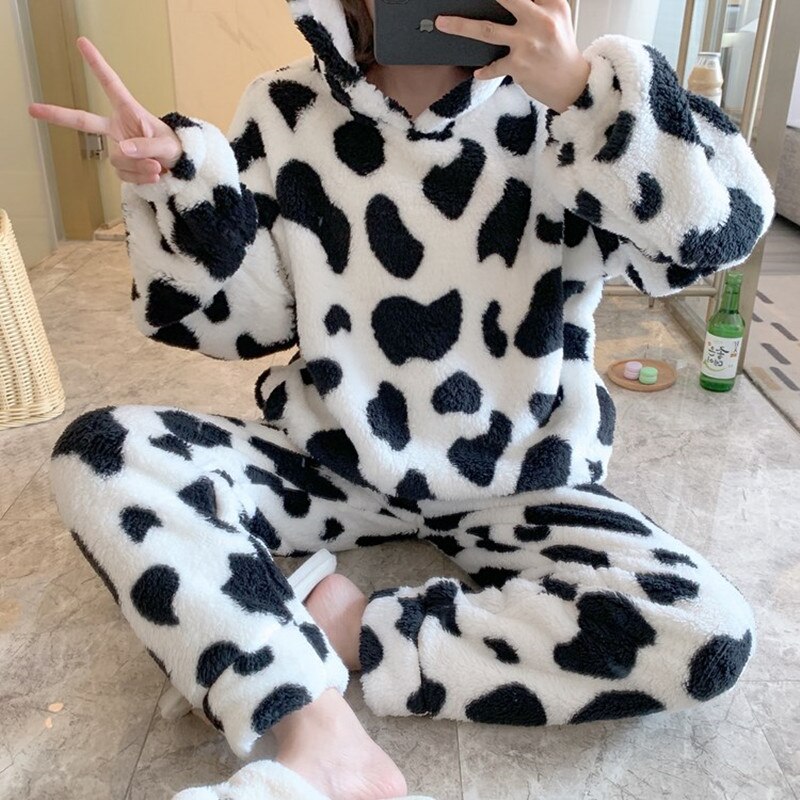 Japan Anime Pajama Set For Women Super Kawaii Milk Cow Print Fleece Pyjama Thick Winter Warm 4 - The Cow Print