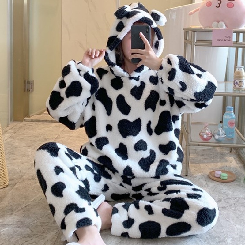Japan Anime Pajama Set For Women Super Kawaii Milk Cow Print Fleece Pyjama Thick Winter Warm - The Cow Print