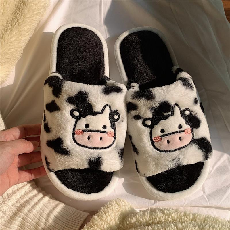 Kawaii Woman Slippers White Open toe Cute Milk Cow Fluffy Slippers Winter Warm Fuzzy Indoor House 2 - The Cow Print