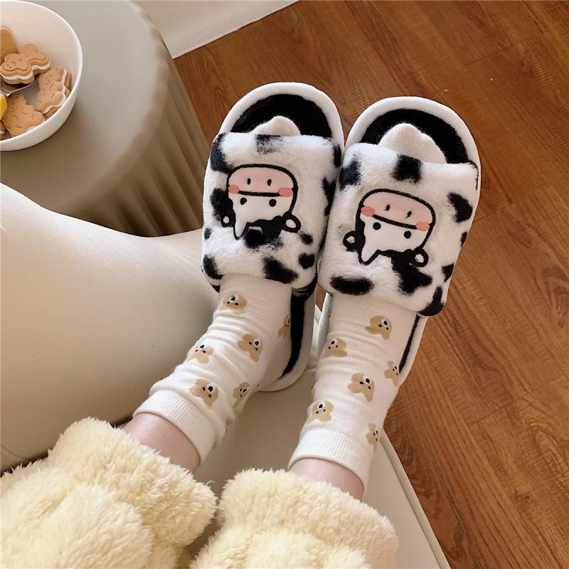 Kawaii Woman Slippers White Open toe Cute Milk Cow Fluffy Slippers Winter Warm Fuzzy Indoor House 3 - The Cow Print