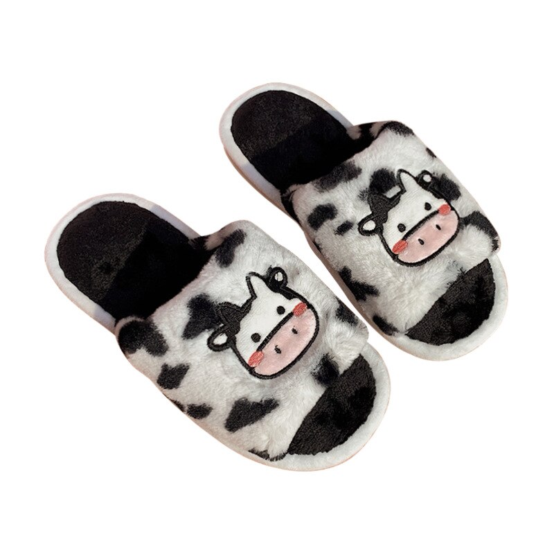 Kawaii Woman Slippers White Open toe Cute Milk Cow Fluffy Slippers Winter Warm Fuzzy Indoor House 4 - The Cow Print