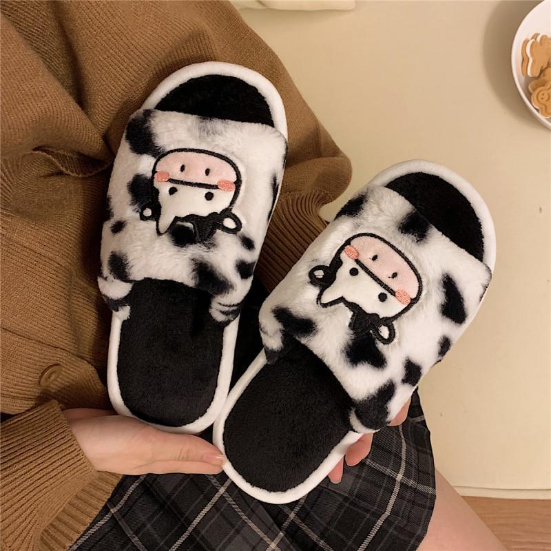 Kawaii Woman Slippers White Open toe Cute Milk Cow Fluffy Slippers Winter Warm Fuzzy Indoor House 5 - The Cow Print