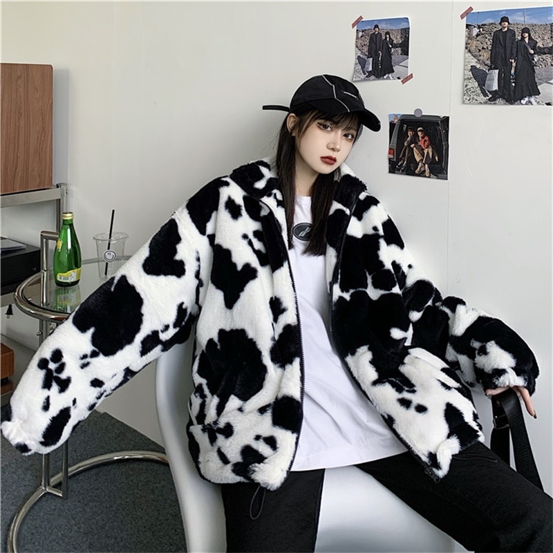 Korean Winter New Fashion Coat Harajuku Cows Printing Loose Full Sleeve Leather Jacket Vintage Flannel Keep 1 - The Cow Print