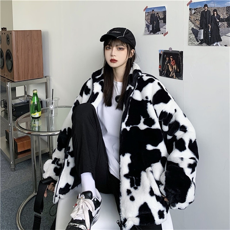 Korean Winter New Fashion Coat Harajuku Cows Printing Loose Full Sleeve Leather Jacket Vintage Flannel Keep 2 - The Cow Print