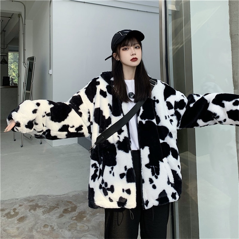 Korean Winter New Fashion Coat Harajuku Cows Printing Loose Full Sleeve Leather Jacket Vintage Flannel Keep 3 - The Cow Print