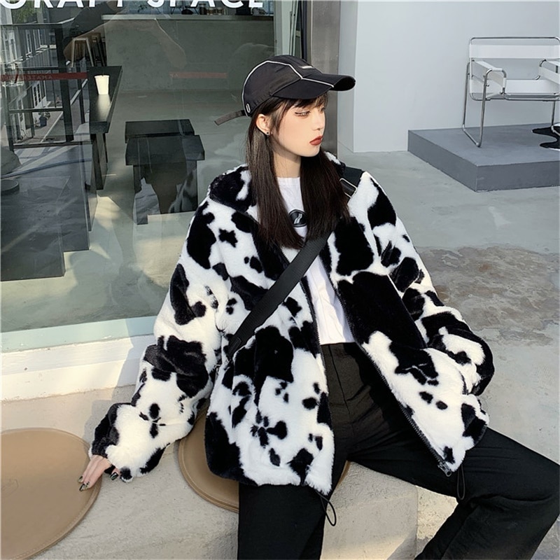 Korean Winter New Fashion Coat Harajuku Cows Printing Loose Full Sleeve Leather Jacket Vintage Flannel Keep 4 - The Cow Print